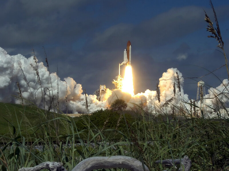 Space Shuttle Launch — White, Dramatic, Night, Photograph, Clouds