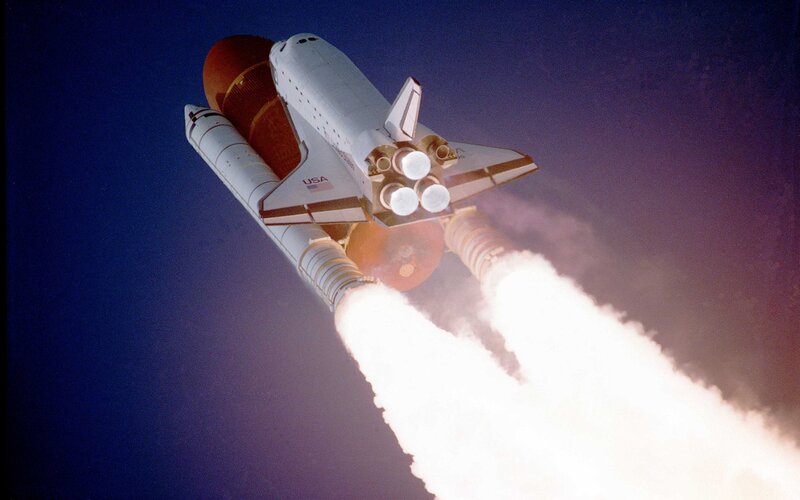 Space Shuttle Launch — White, Dramatic, Night, Photograph, Rocket Boosters, Exhaust Plume, Outer Space