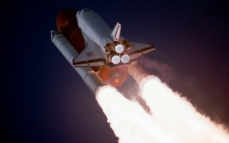 Space Shuttle Launch — White, Dramatic, Night, Photograph, Rocket Boosters, Exhaust Plume