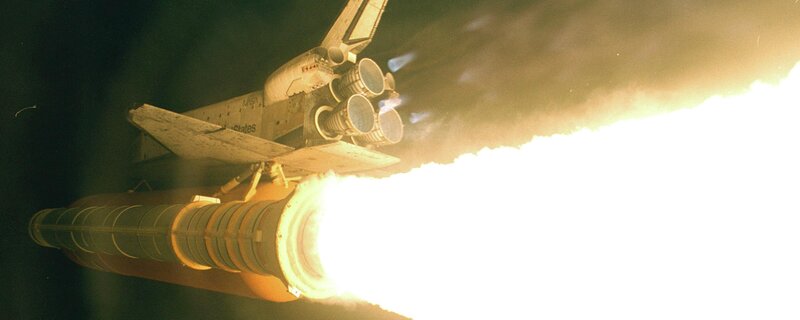 Space Shuttle Launch — White, Dramatic, Night, Photograph, Rocket Boosters, Flame