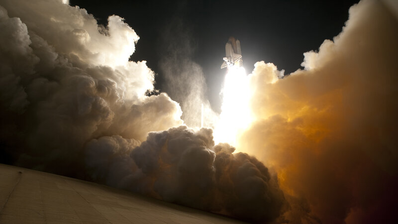 Space Shuttle Launch — White, Dramatic, Night, Photograph, Rocket, Clouds, Flame