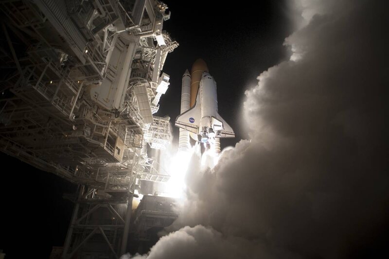 Space Shuttle Launch — White, Dramatic, Night, Photograph, Rocket, Clouds, Launch Pad