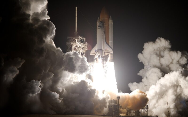 Space Shuttle Launch — White, Dramatic, Night, Photograph, Rocket, Clouds