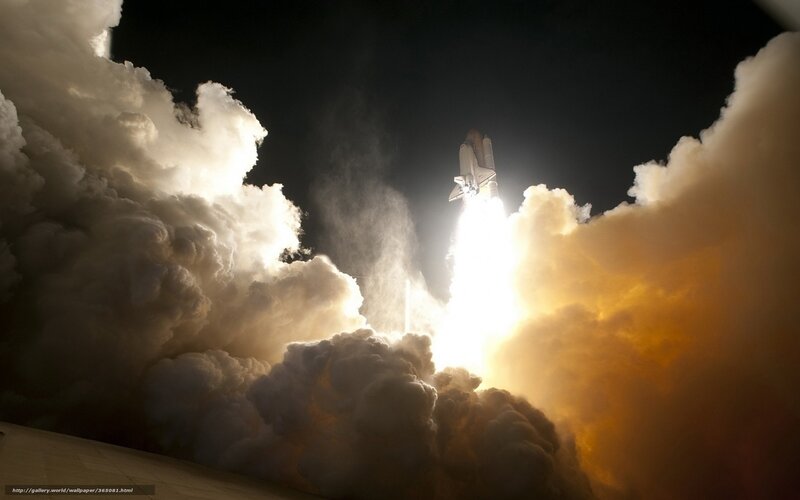 Space Shuttle Launch — White, Dramatic, Night, Photograph, Rocket, Flame