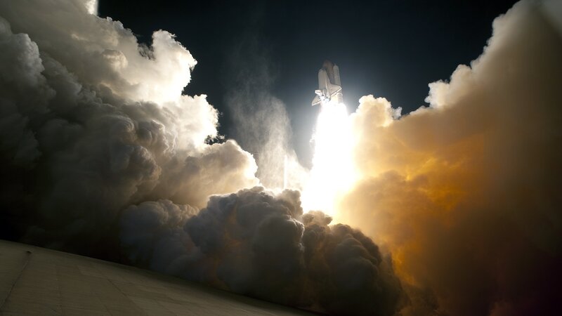 Space Shuttle Launch — White, Dramatic, Night, Photograph, Rocket, Smoke, Flame, Clouds