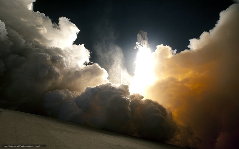 Space Shuttle Launch — White, Dramatic, Night, Photograph, Rocket, Smoke, Flame