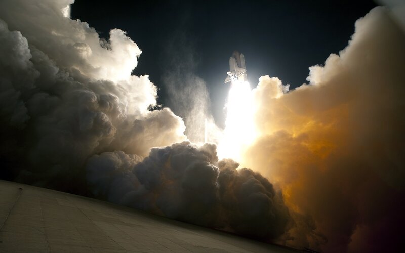 Space Shuttle Launch — White, Dramatic, Night, Photograph, Rocket, Smoke