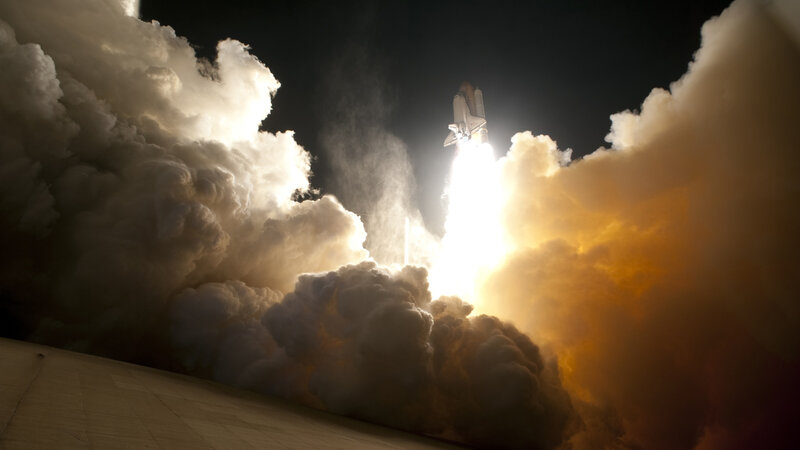 Space Shuttle Launch — White, Dramatic, Night, Photograph, Smoke, Flame
