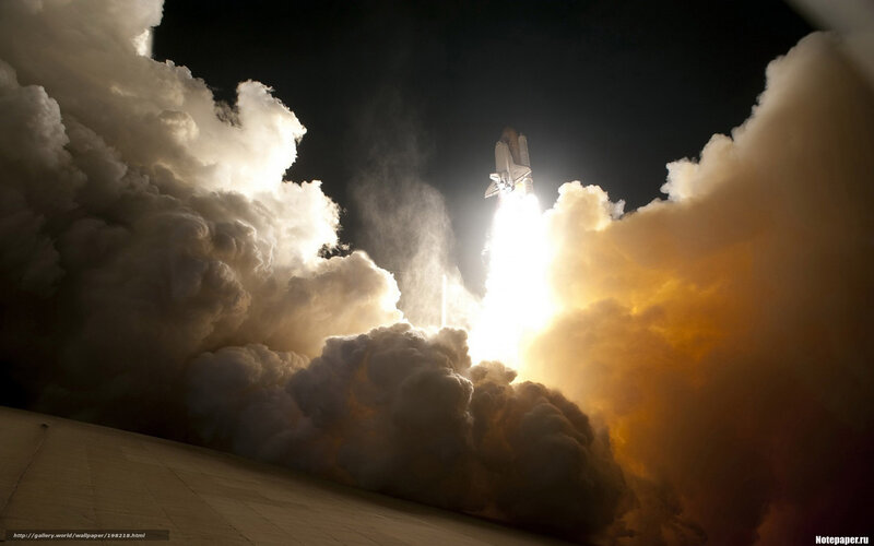Space Shuttle Launch — White, Dramatic, Night, Photograph, Smoke