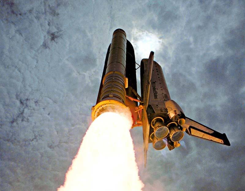 Space Shuttle Launch — White, Dramatic, Photograph, Rocket, Flame, Clouds