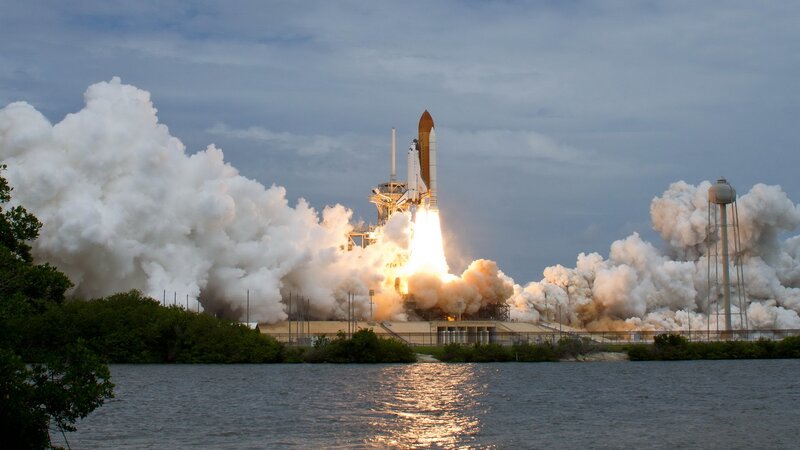 Space Shuttle Launch — White, Dramatic, Sunset