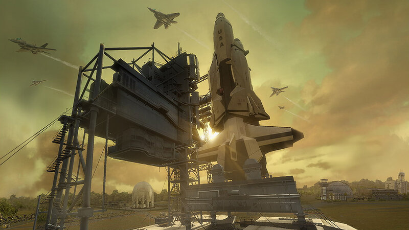 Space shuttle launch with fighter escort