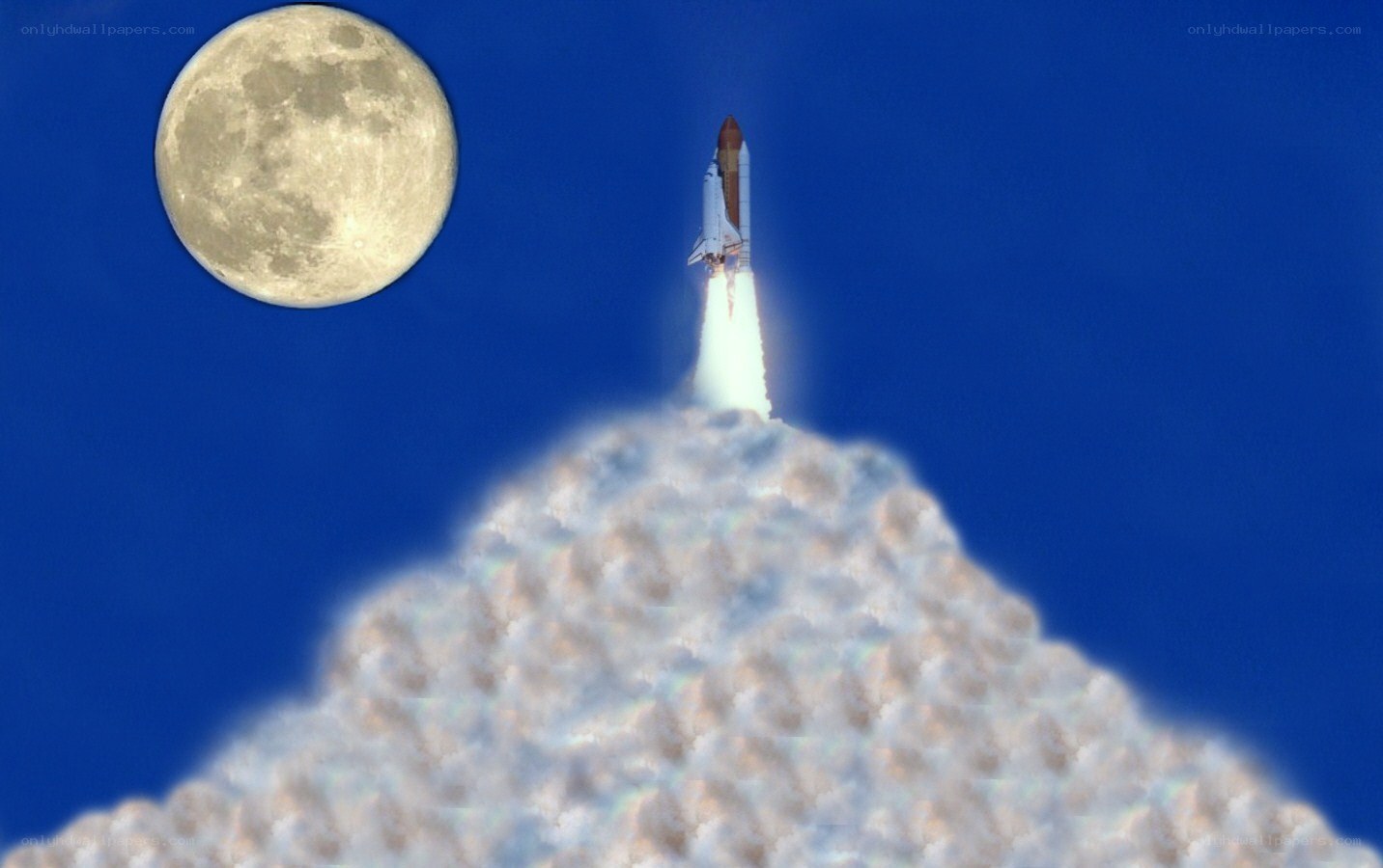 Space shuttle launch with moon