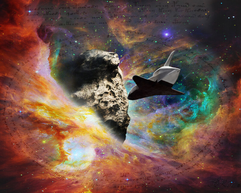 Space Shuttle Near Asteroid