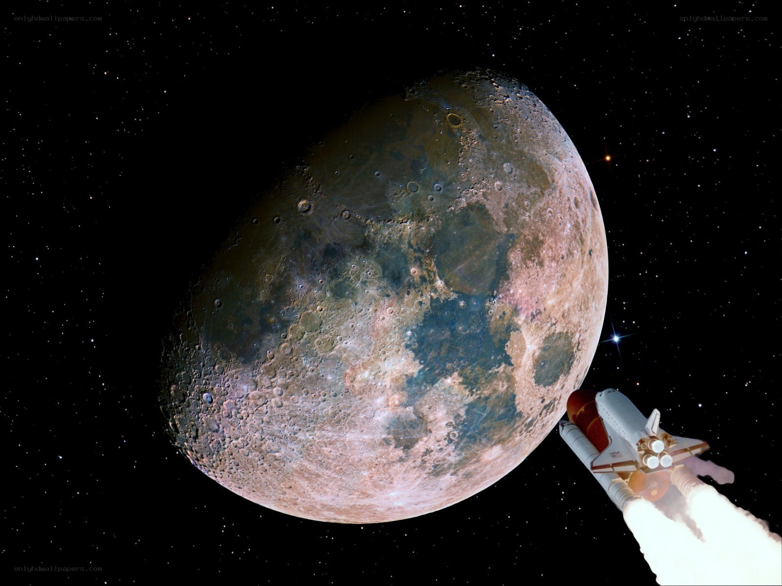 Space shuttle near the Moon