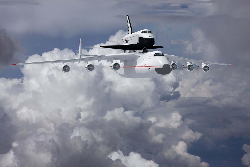 Space Shuttle on Aircraft — White, Dramatic, 3d Render, Clouds