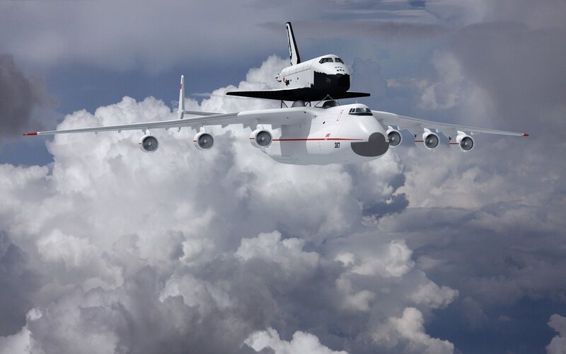 Space Shuttle on Aircraft — White, Dramatic