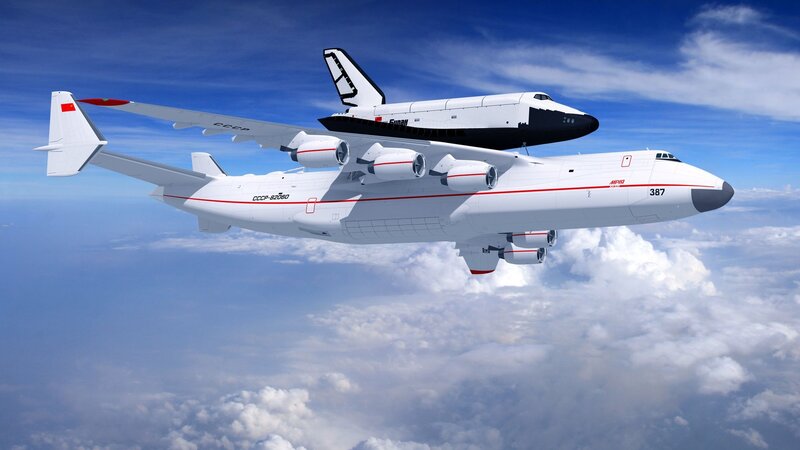 Space Shuttle on Aircraft — White, Serene, Afternoon, 3d Render, Clouds, Blue