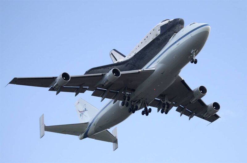 Space Shuttle on Airplane — Blue, Dramatic, Afternoon, Photograph, Sky, White
