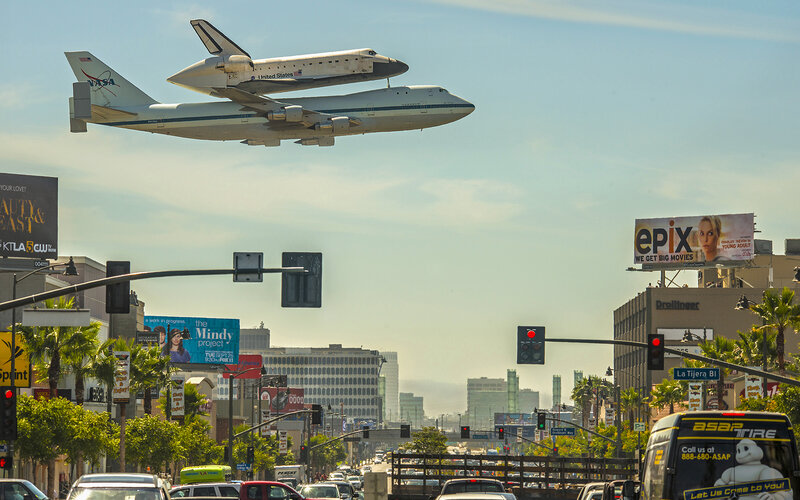 Space Shuttle on Airplane — Blue, Dramatic, Afternoon, Photograph