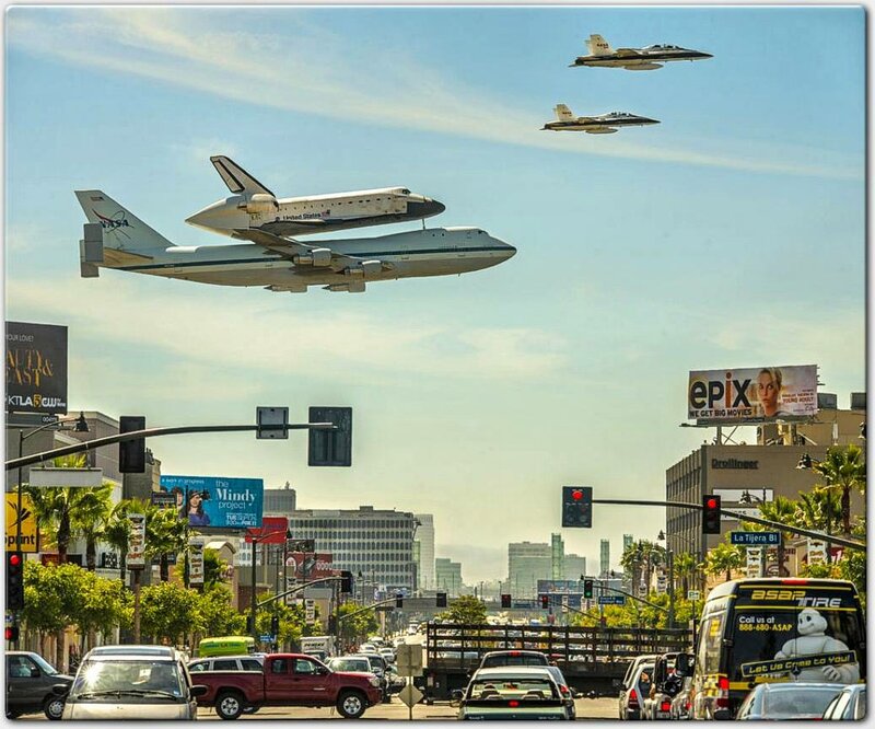 Space Shuttle on Airplane — Blue, Dramatic, Afternoon