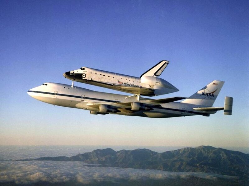 Space Shuttle on Airplane — Blue, Serene, Morning, Photograph, Mountains