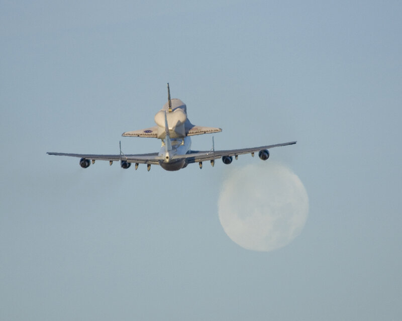 Space Shuttle on Airplane — Blue, Serene, Morning, Photograph