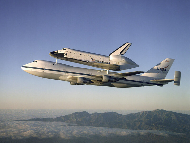 Space Shuttle on Airplane — Blue, Serene, Morning