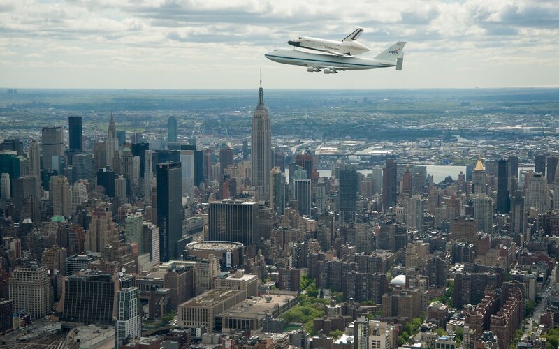 Space Shuttle on Airplane — Gray, Dramatic, Afternoon