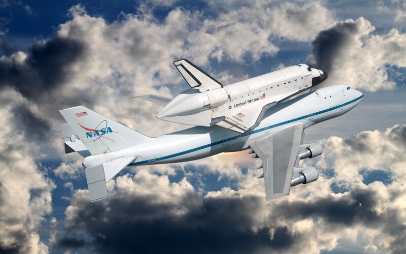 Space Shuttle on Airplane — White, Dramatic, Digital Art