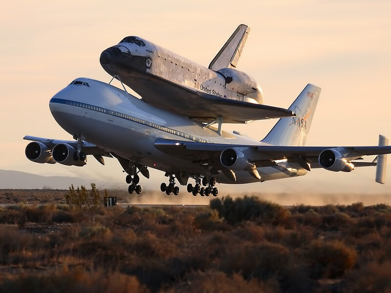 Space Shuttle on Airplane — White, Dramatic