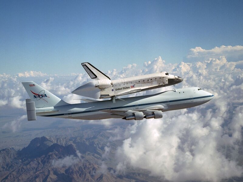 Space Shuttle on Airplane — White, Serene, Afternoon, Photograph, Clouds