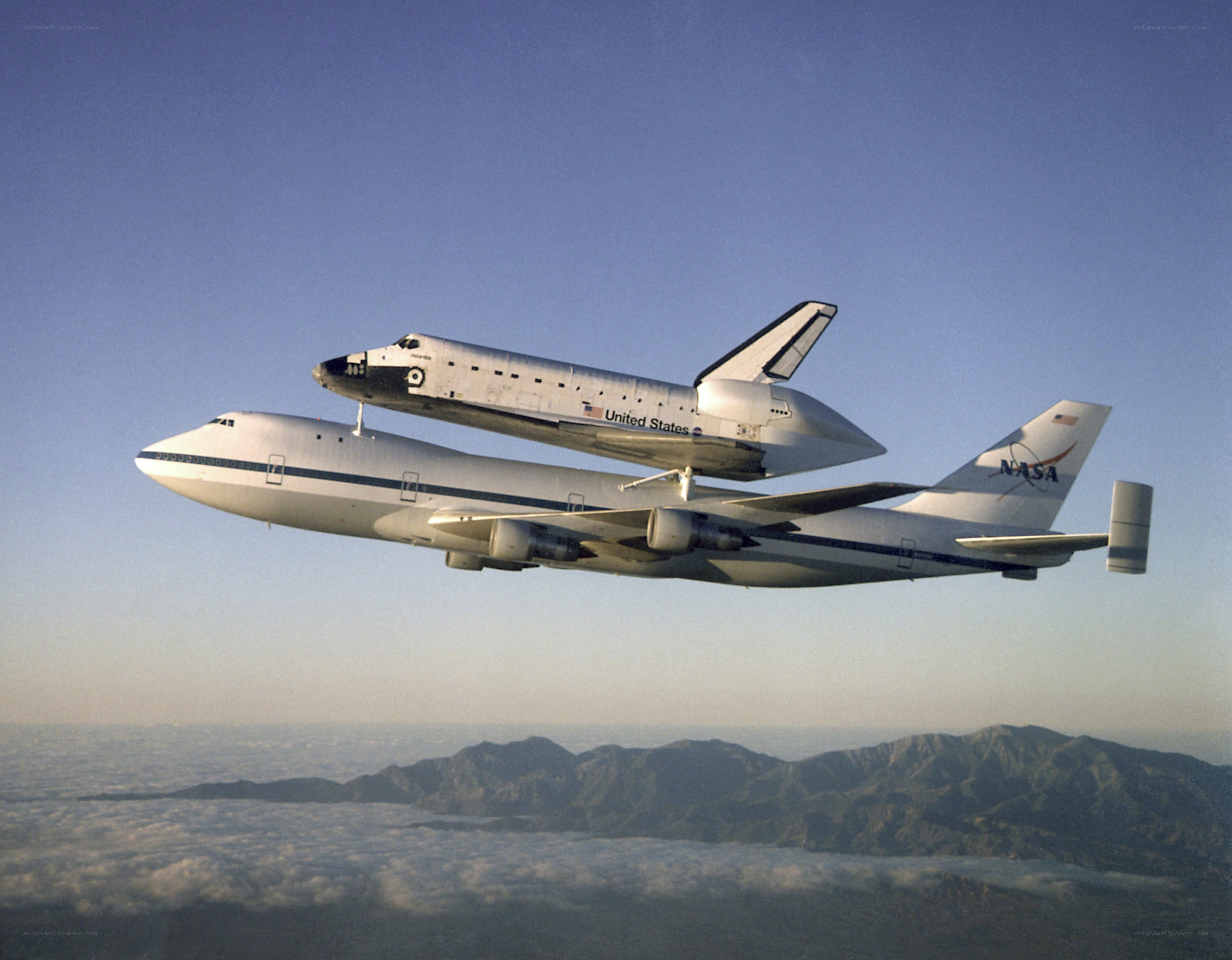 Space shuttle on carrier aircraft