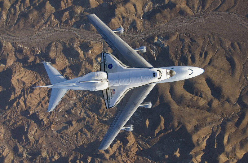 Space shuttle on carrier aircraft