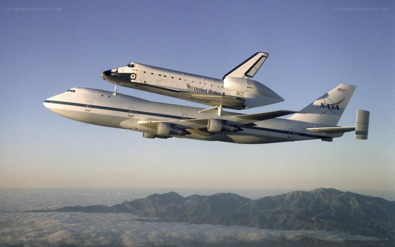 Space shuttle on carrier aircraft