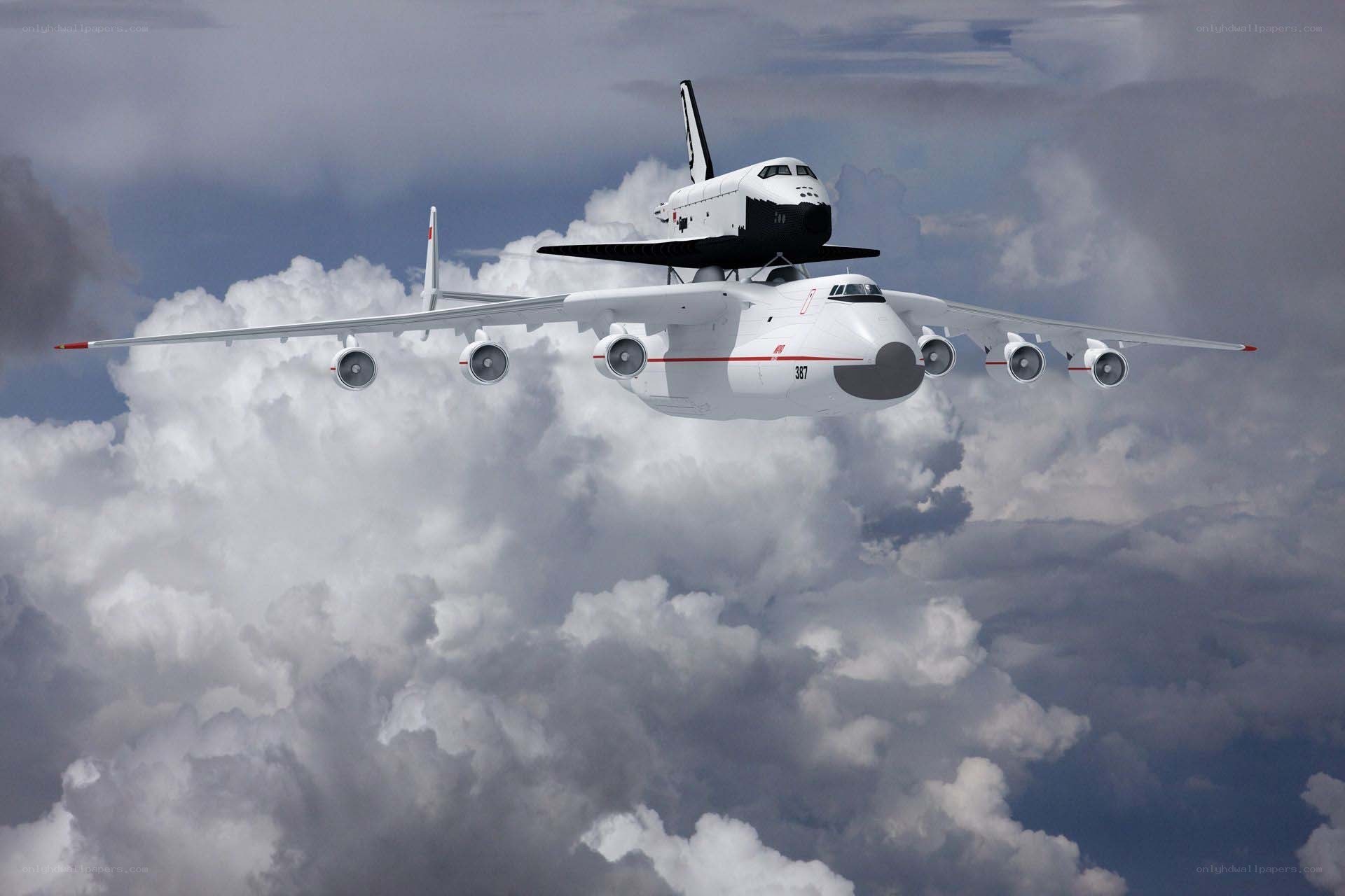 Space shuttle on carrier aircraft