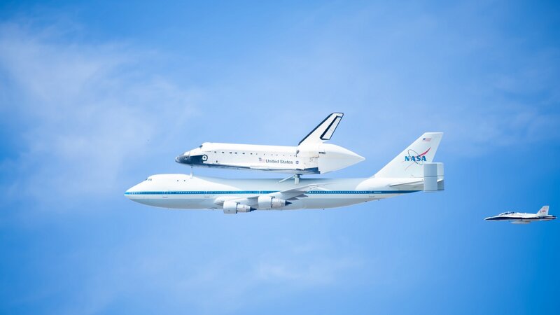 Space shuttle on carrier aircraft