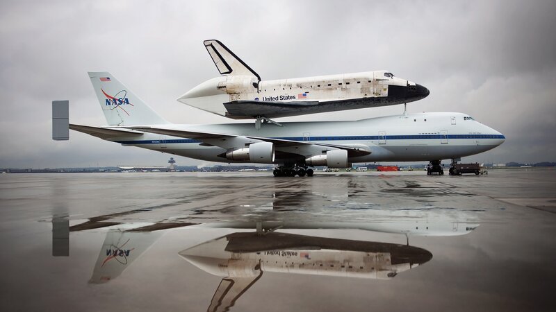 Space shuttle on carrier aircraft