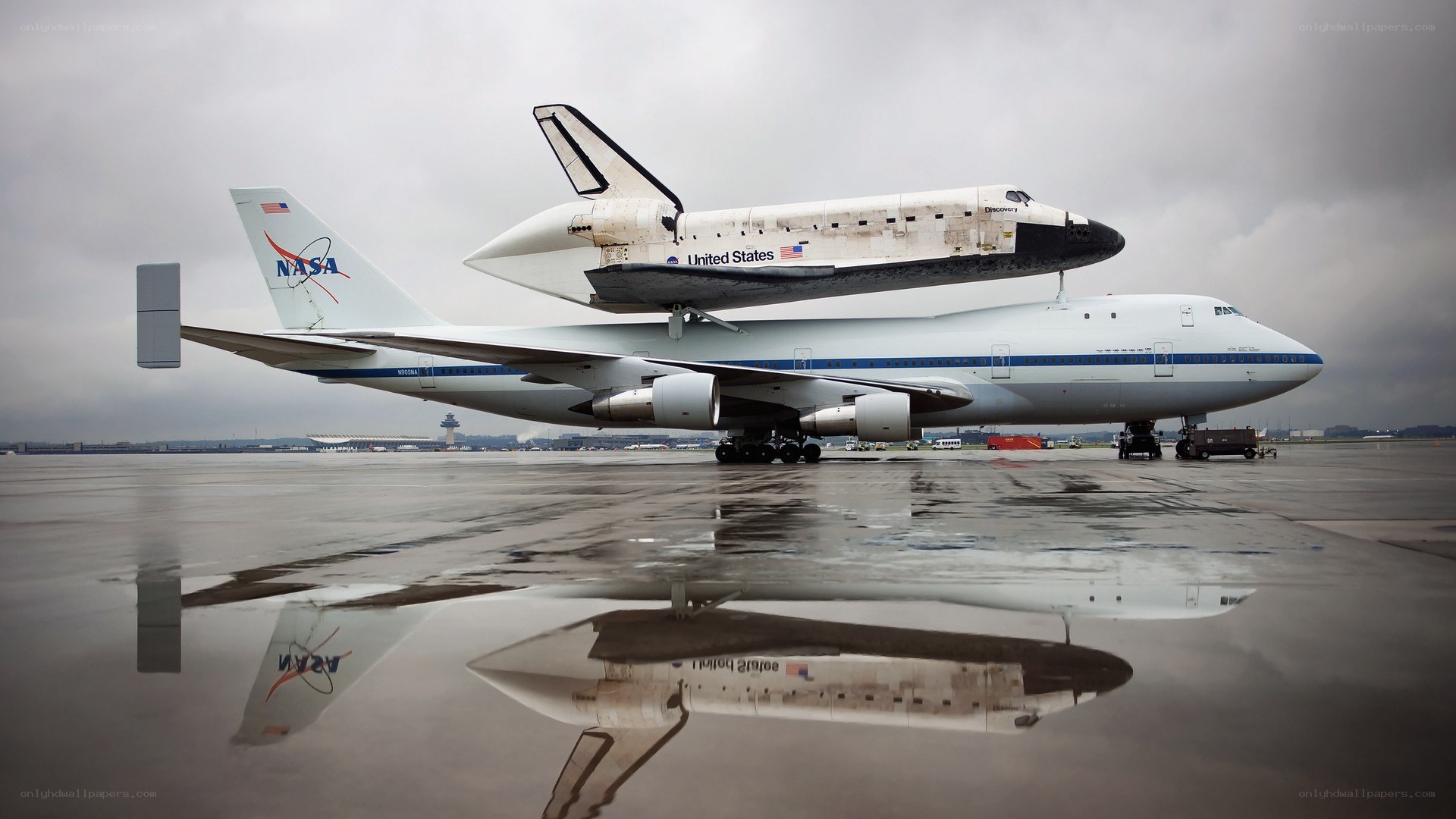 Space shuttle on carrier aircraft
