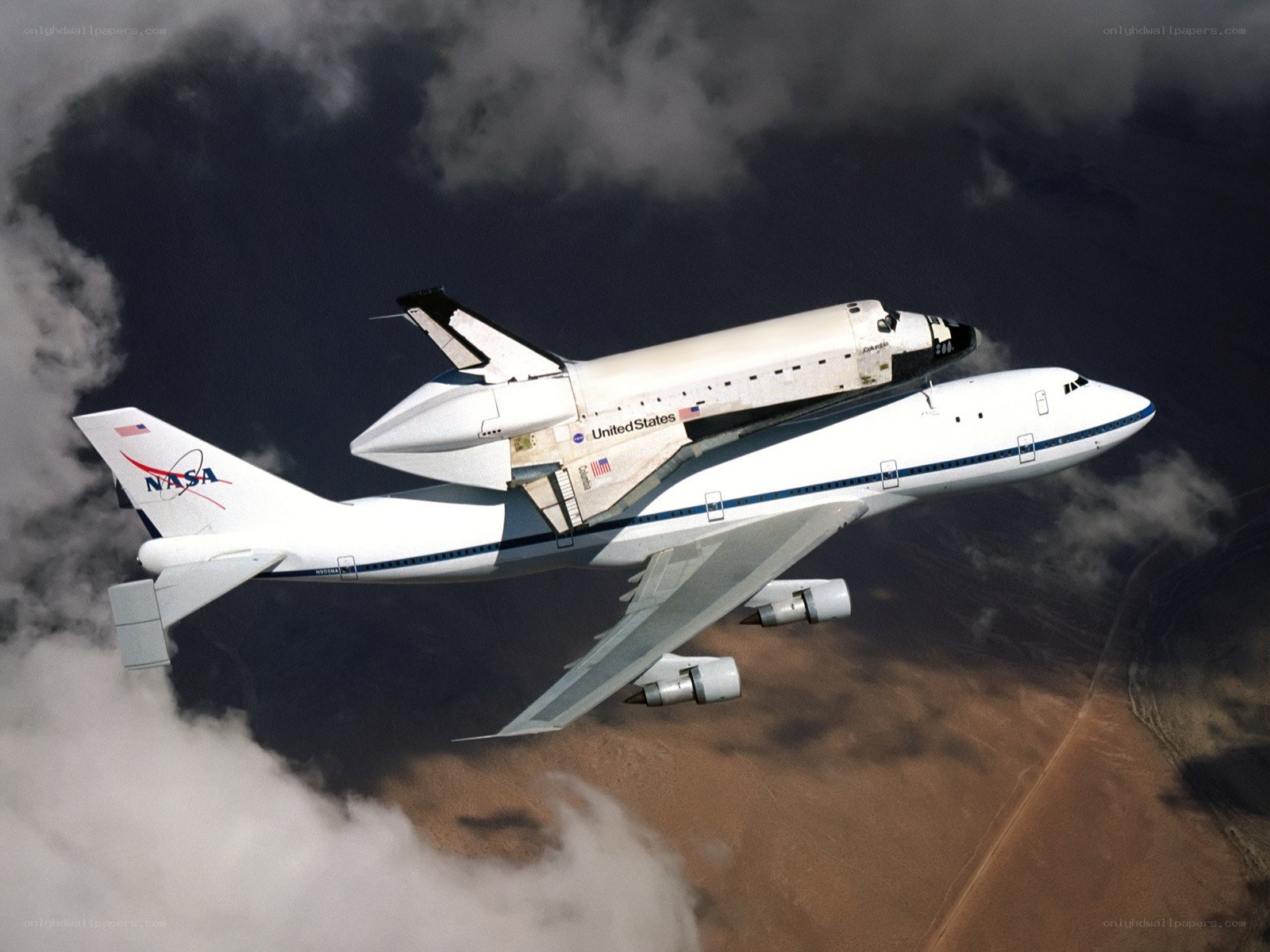 Space shuttle on carrier aircraft