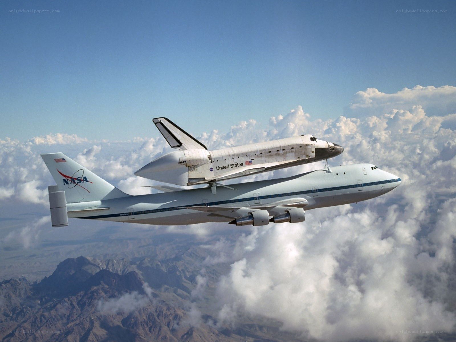 Space shuttle on carrier aircraft