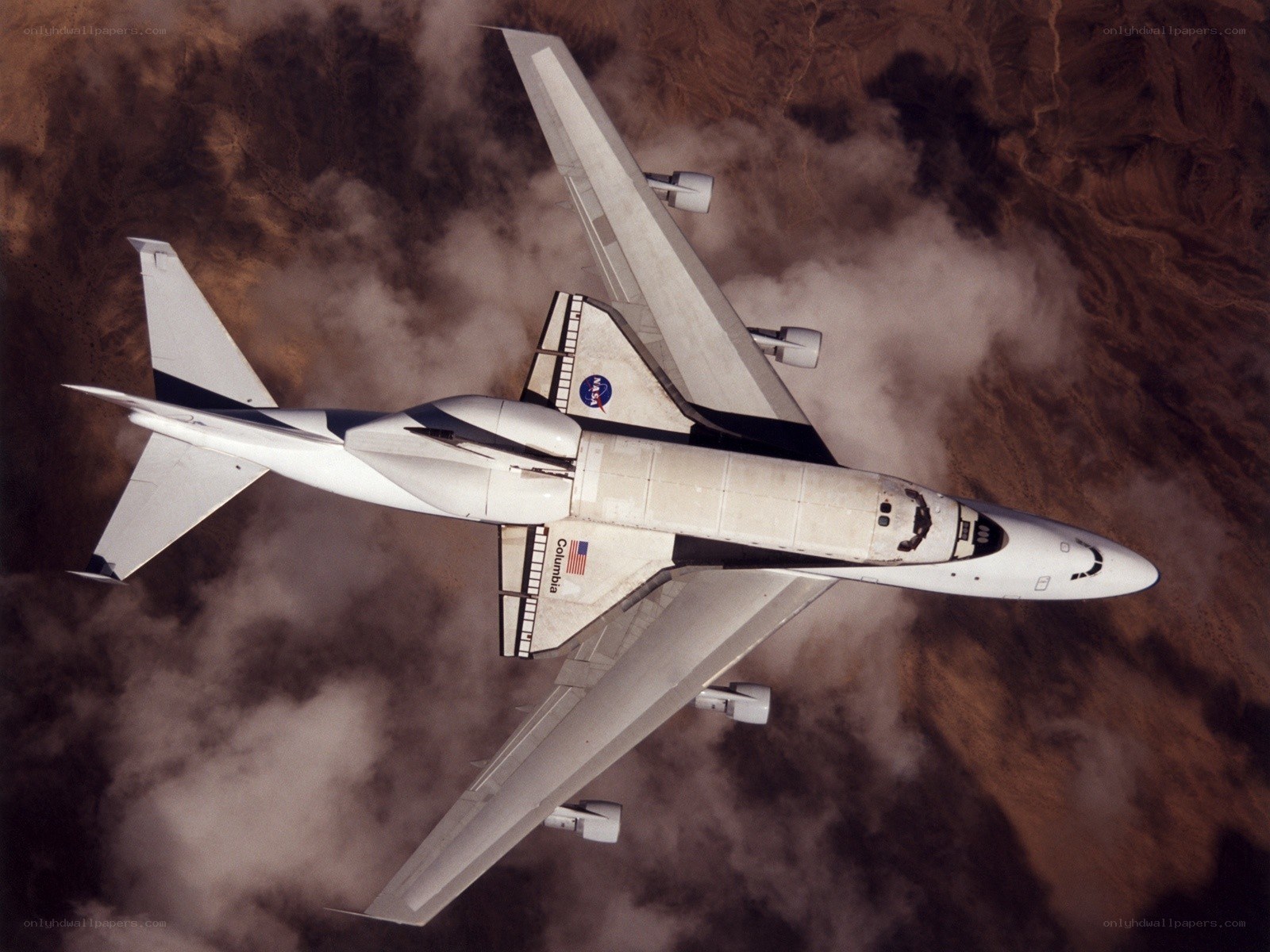 Space shuttle on carrier aircraft
