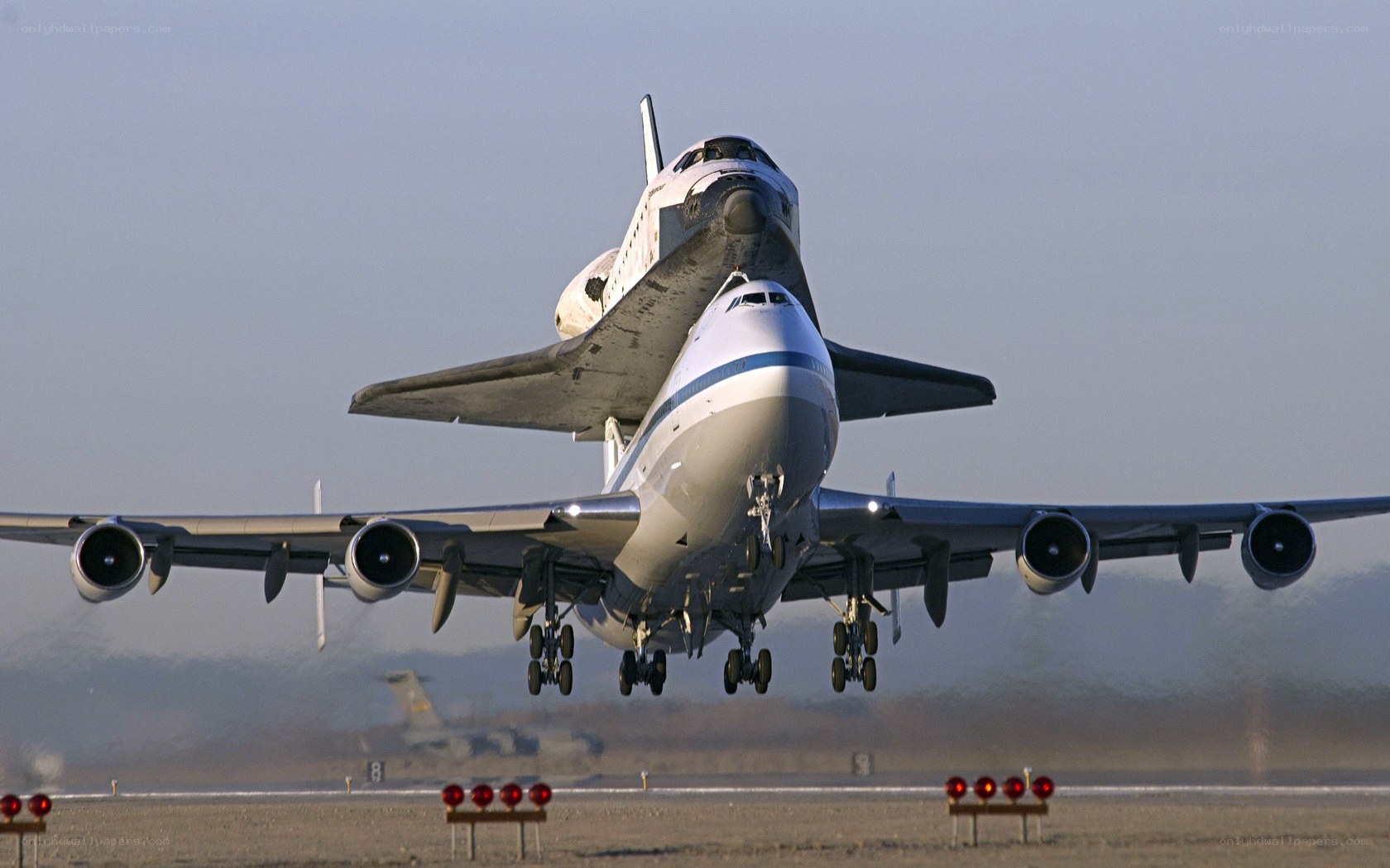 Space shuttle on carrier aircraft