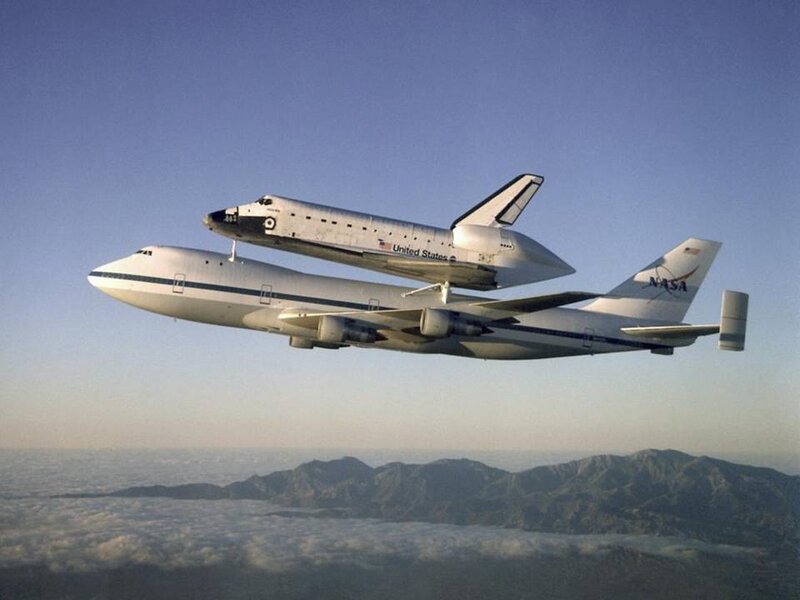 Space shuttle on carrier aircraft