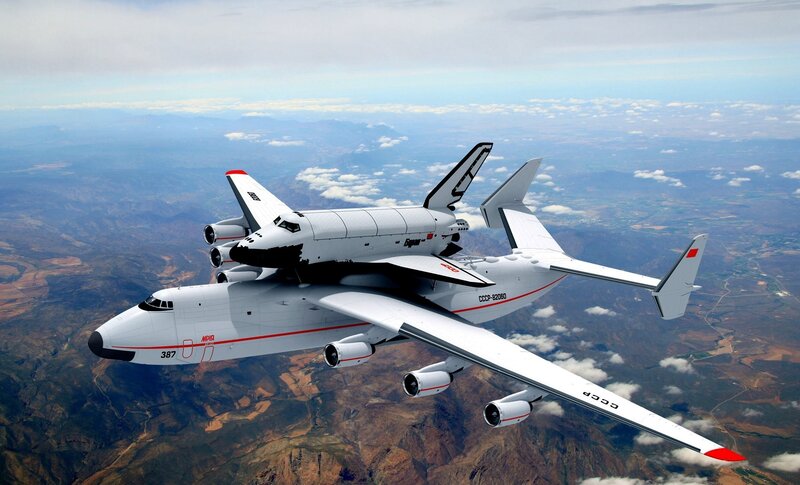 Space Shuttle on Carrier Aircraft — White, Dramatic, Afternoon, Digital Art, Mountains