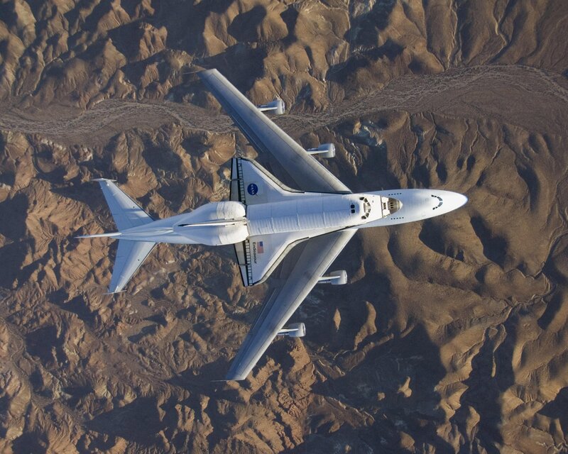 Space Shuttle on Carrier Aircraft — White, Dramatic, Afternoon