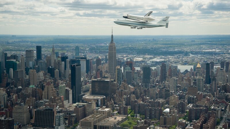 Space Shuttle on Carrier Plane — Gray, Dramatic