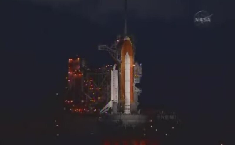 Space Shuttle on Launch Pad — Black, Dramatic, Night, Photograph, Launch Tower, Lights