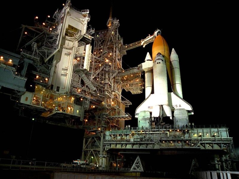 Space Shuttle on Launch Pad — Black, Dramatic, Night, Photograph, Launch Tower, Rocket, Night Sky, White