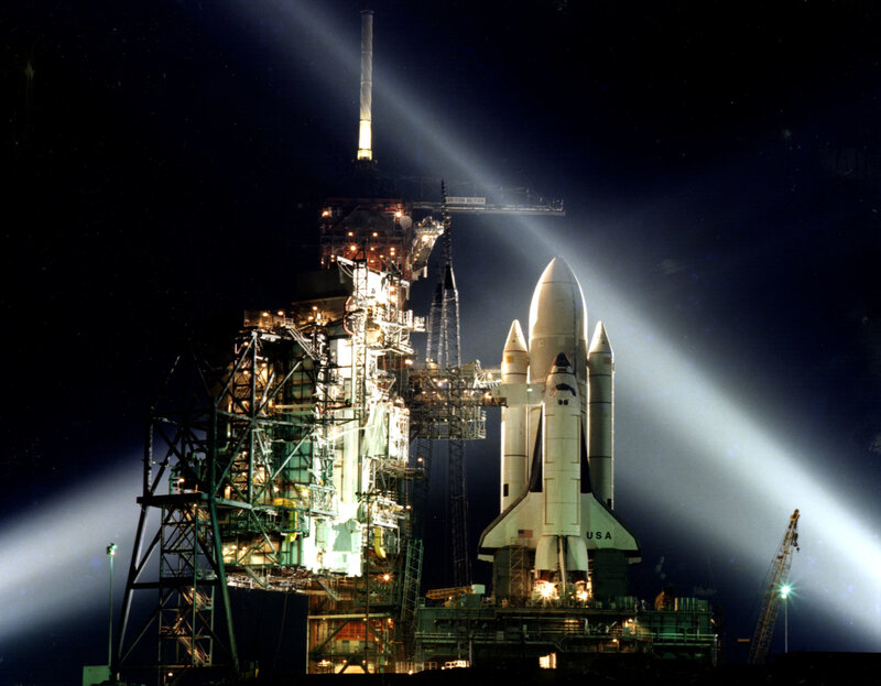 Space Shuttle on Launch Pad — Black, Dramatic, Night, Photograph, Launch Tower, Spotlights, Crane